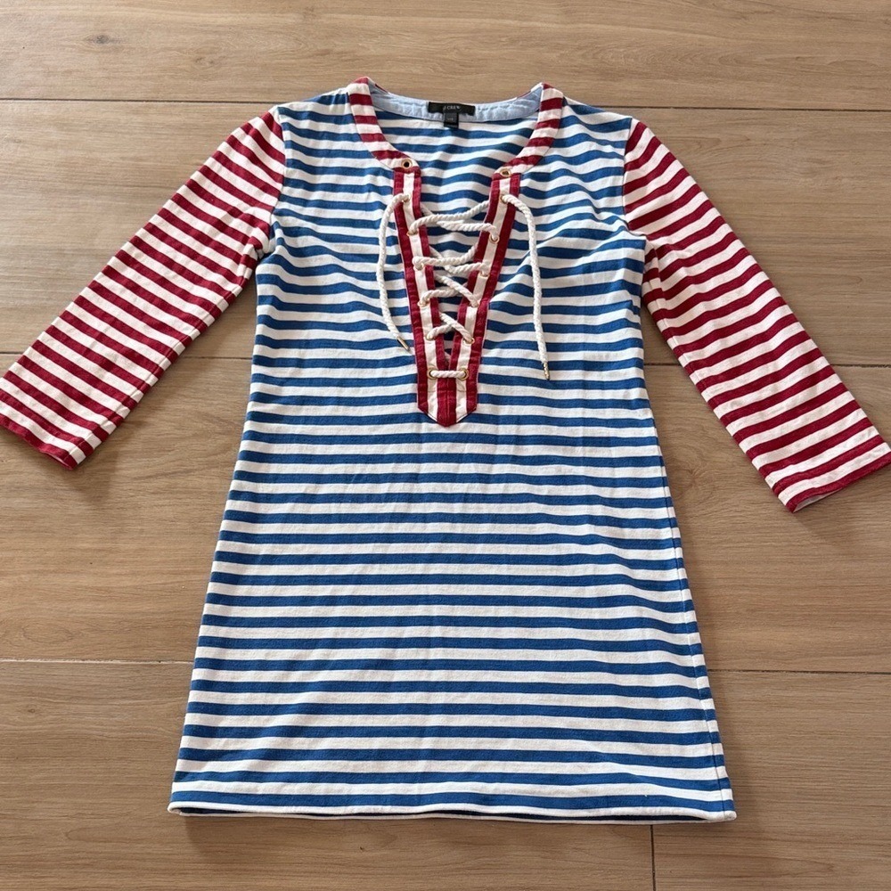 J.Crew Womens Nautical Striped Lace Up Rope Neckline Dress Blue Red XXS